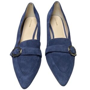 Cole Haan Blue Suede Loafers 9.5B Gold Buckle Quiet Luxury Chic‎